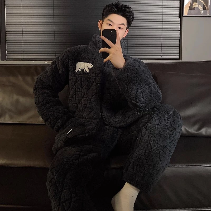 睡衣冬季男三层夹棉袄加厚加绒休闲外套装青少年珊瑚绒家居服套装