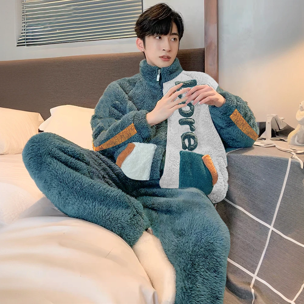 男士睡衣秋冬季珊瑚绒加厚加绒保暖大码男款秋冬法兰绒家居服套装