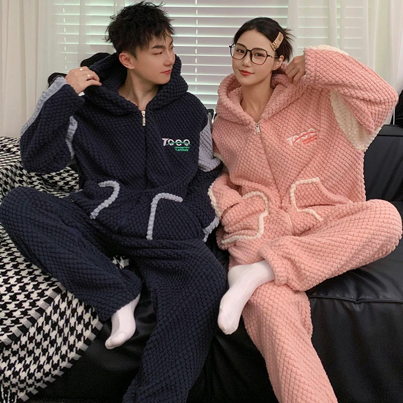 情侣睡衣女秋冬款珊瑚绒加厚加绒连帽男士冬季法兰绒可外穿家居服