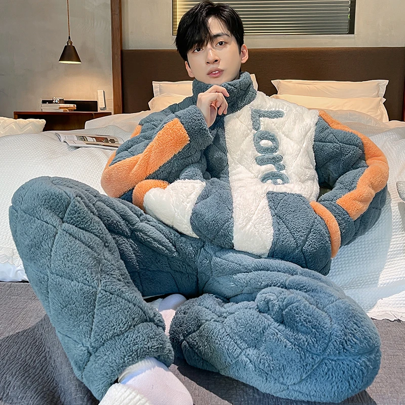 男士睡衣冬季三层夹棉加厚加绒青少年拼色保暖珊瑚绒冬款家居服