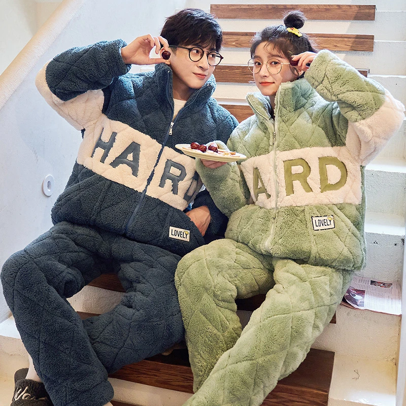 情侣睡衣冬季三层夹棉加厚加绒珊瑚绒2024年新款男女士家居服套装