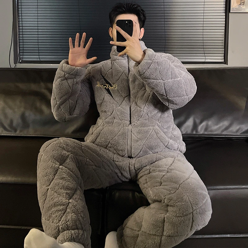 三层夹棉男士睡衣冬季加厚加绒简约青少年男秋冬珊瑚绒家居服套装