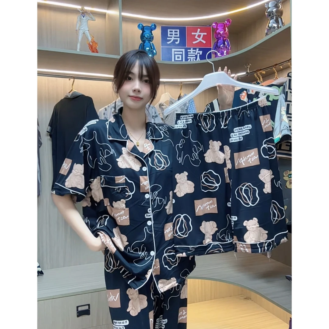 三件套情侣睡衣夏季2025新款卡通短袖棉质短袖薄款夏天家居服套装