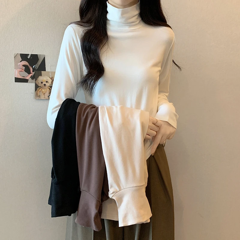 秋冬季加绒保暖堆堆领长袖打底衫女长袖百搭修身正肩t恤高领上衣