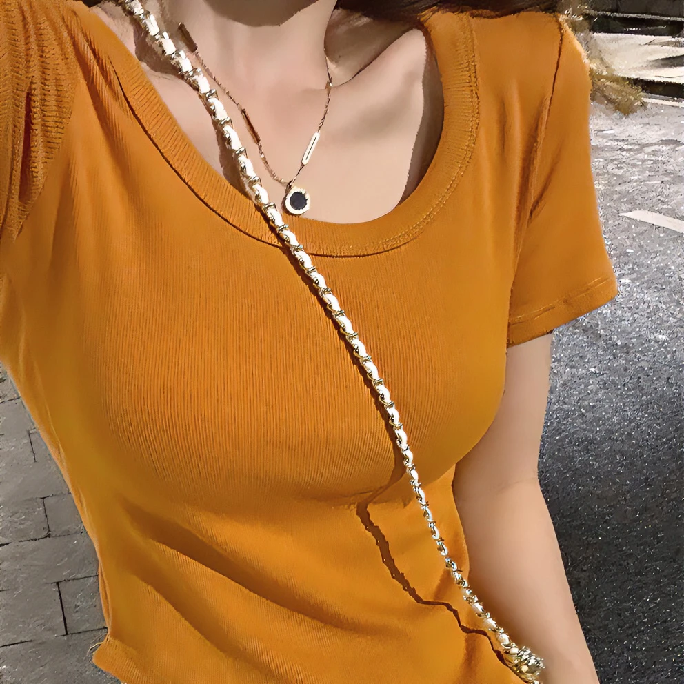 时尚百搭U型领短袖t恤女夏季正肩不规则修身显瘦短款不露腰上衣