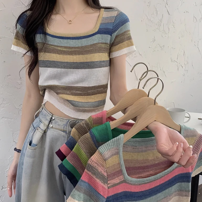 拼接撞色彩虹条纹短袖针织T恤女夏季小众设计感冰丝薄款短款上衣