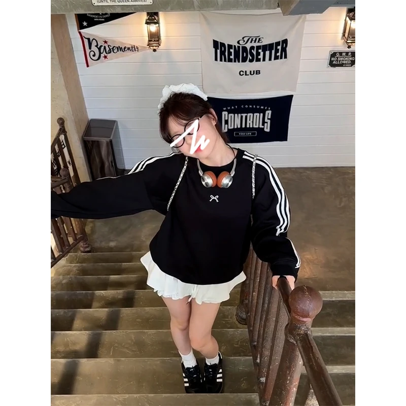 韩版黑白拼色三条杠圆领长袖卫衣女装冬季新款宽松慵懒感百搭上衣