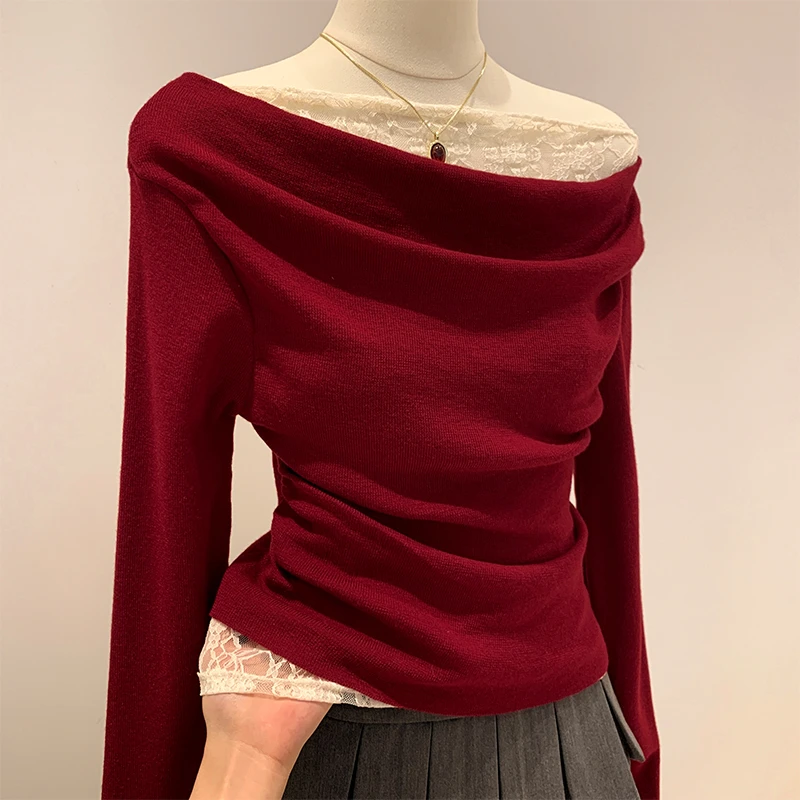 小婉薇【圣诞红】新年红秋冬季一字领斜肩设计女打底衫内搭修身上衣