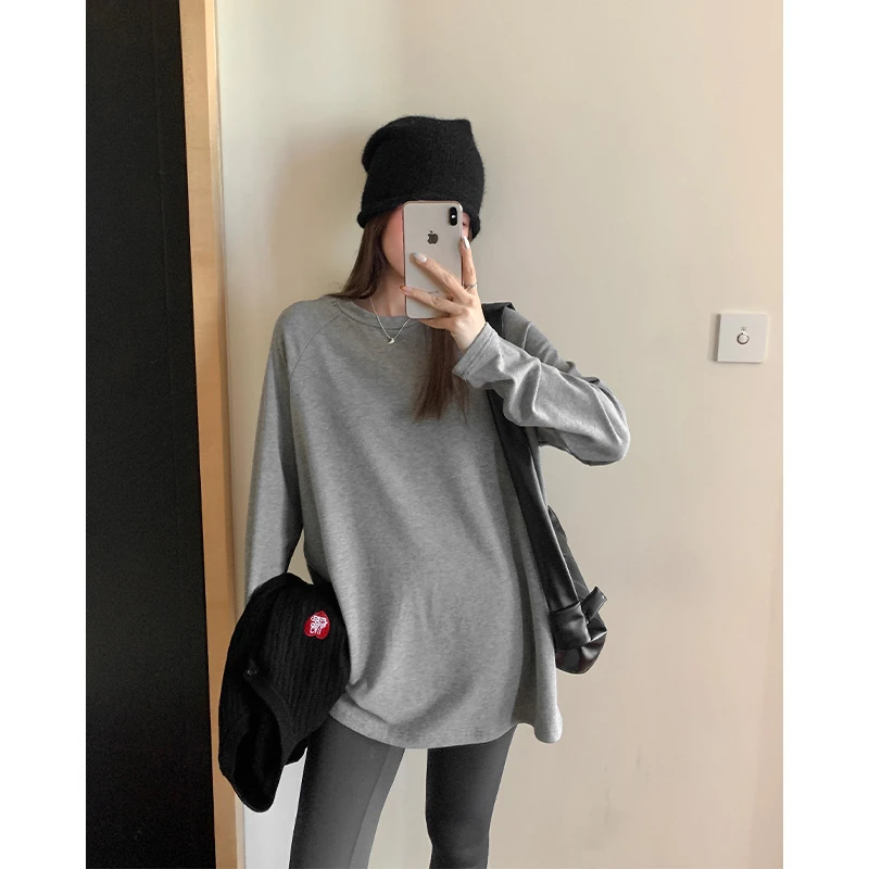 时尚高级灰磨毛加绒上衣中长款秋冬宽松遮屁股打底衫长袖T恤女