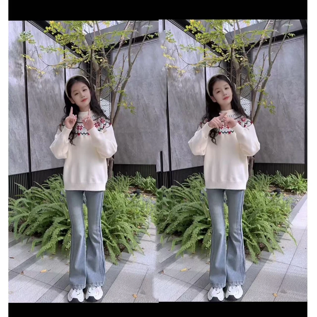 女童套装2025秋冬季新款儿童保暖洋气毛衣加绒牛仔喇叭裤两件套