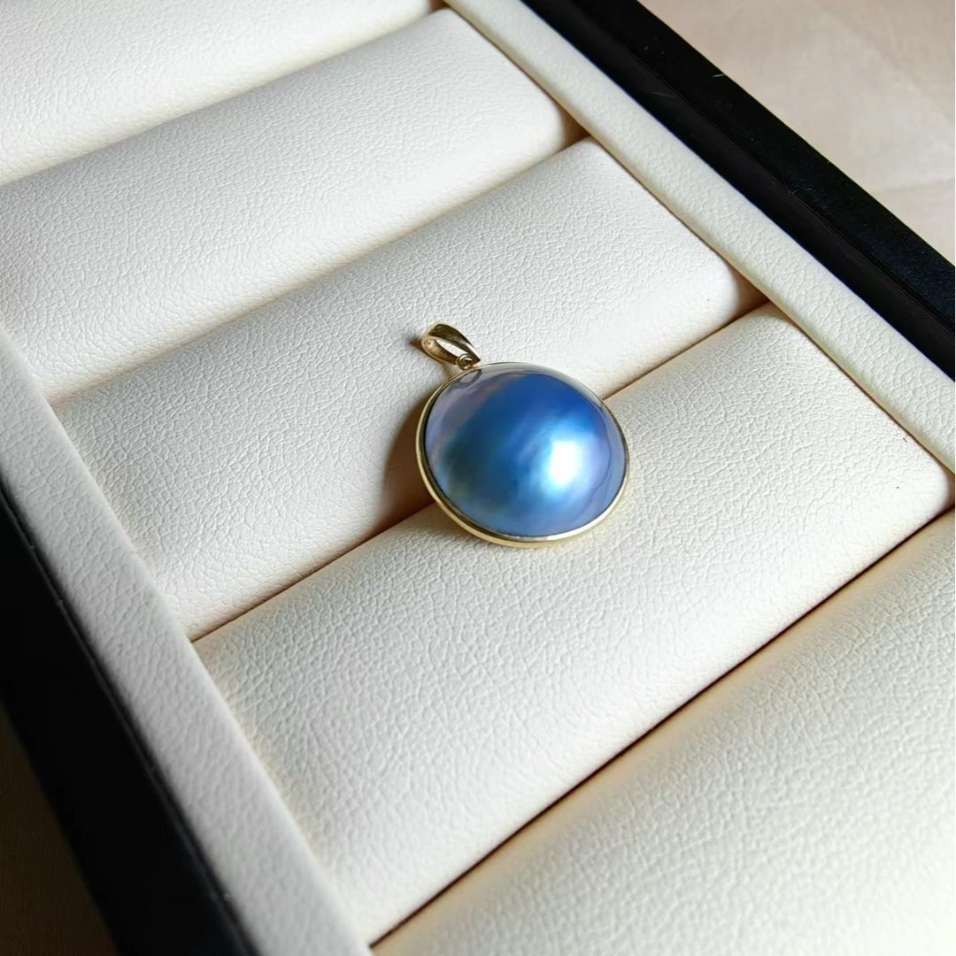 海水马贝珍珠18k圆蓝马贝万能扣吊坠15-16mm（不含链）百搭简约