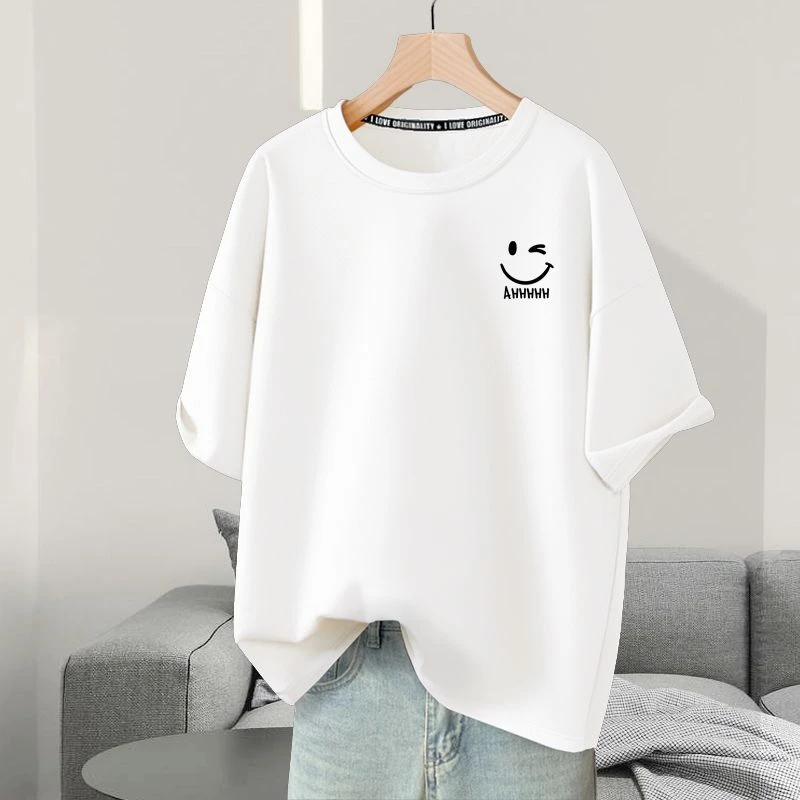 多巴胺短袖中长款t恤女遮屁股大码宽松夏季显瘦甜美简约大气纯棉