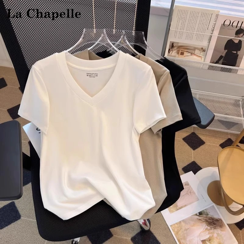 拉夏贝尔白色v领Clean Fit宽松正肩短袖t恤女夏季大领口洋气衣服