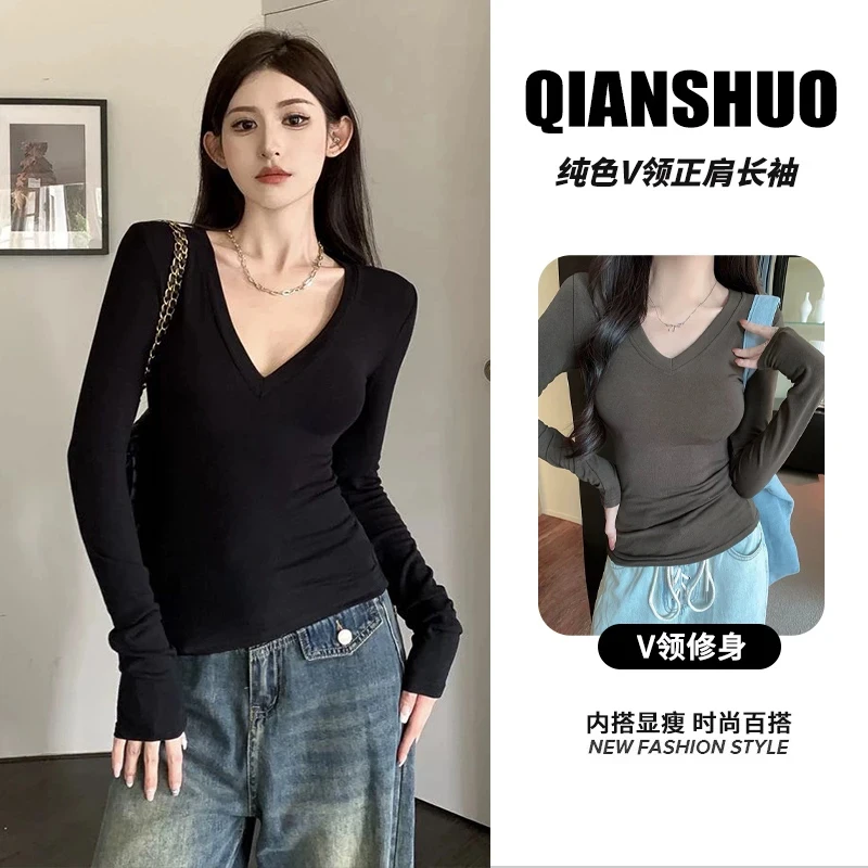 拉夏贝尔纯色V领正肩长袖T恤初秋纯欲辣妹修身小众打底衫高级感in