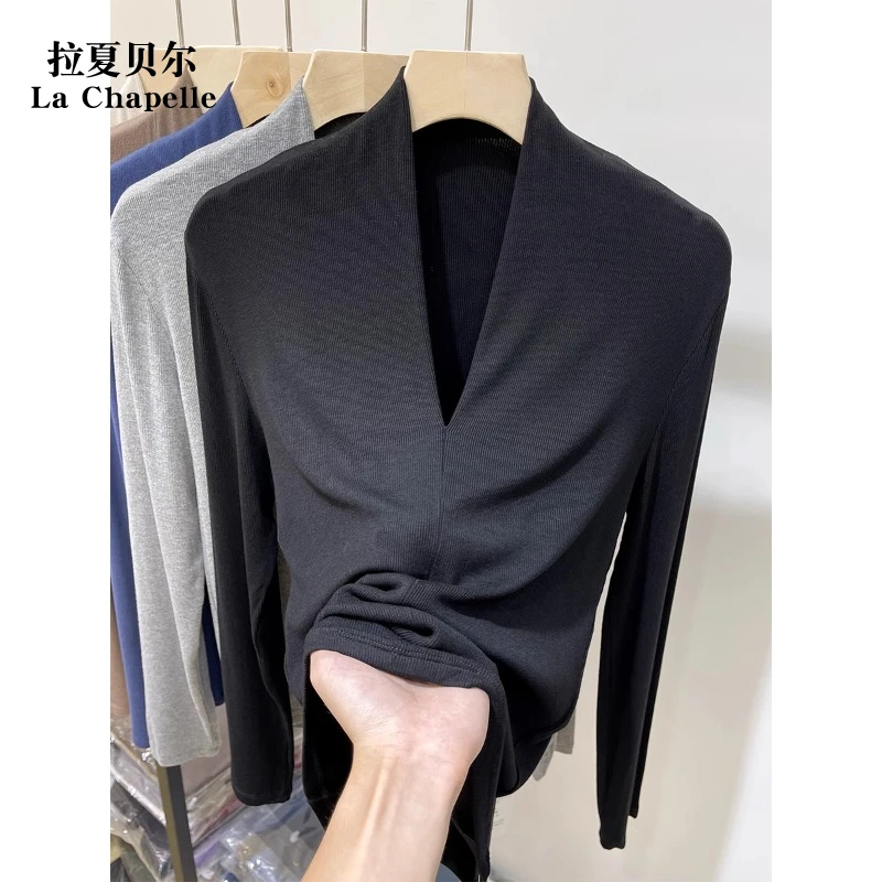 拉夏贝尔螺纹2025新款修身时尚深V领长袖T恤显瘦纯色气质百搭上衣
