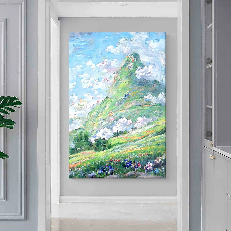 客厅莫奈花海手绘油画玄关抽象奶油风云朵肌理画高级感山装饰挂画