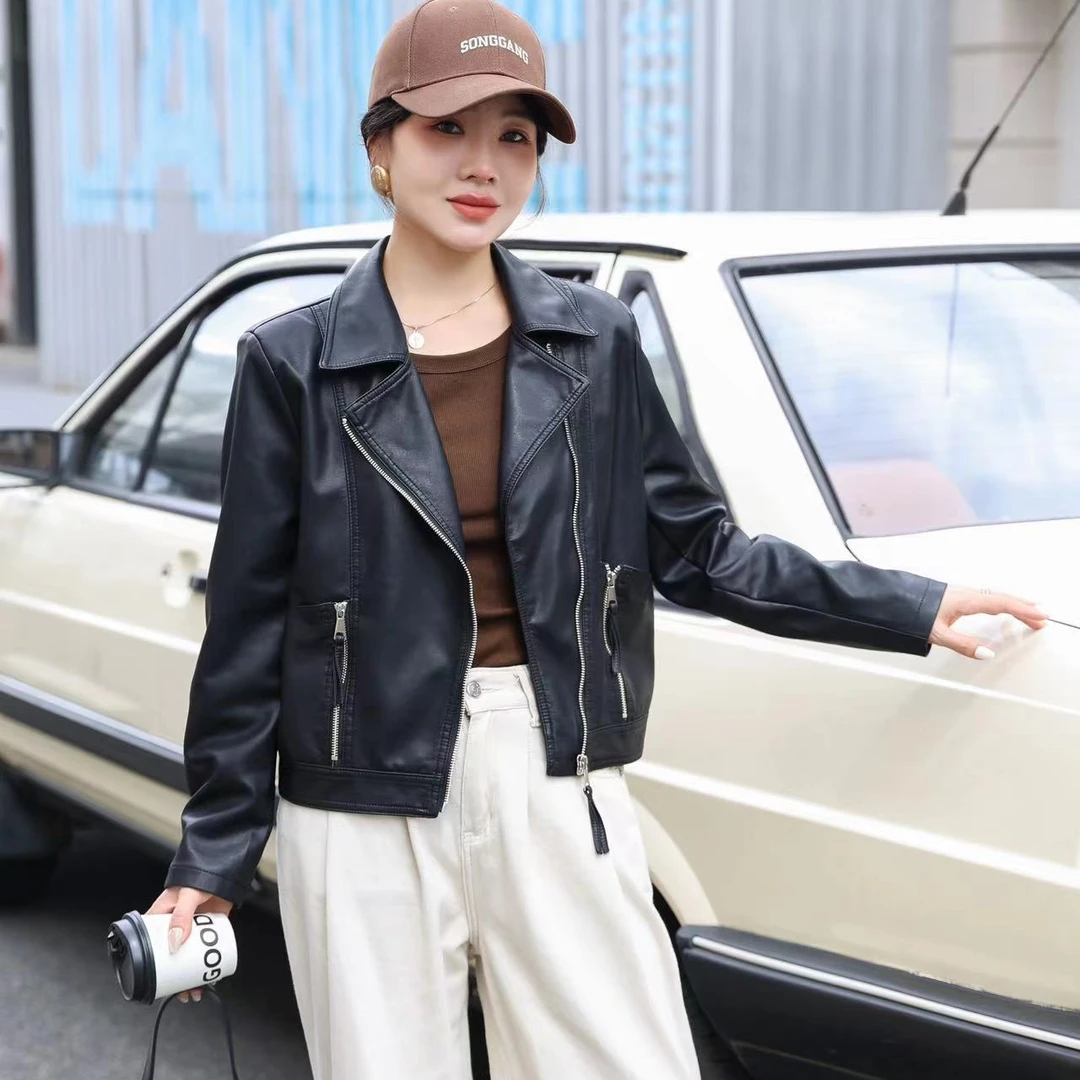 翻领皮衣外套女2024春秋季新款皮夹克西装领拉链设计感机车服9918