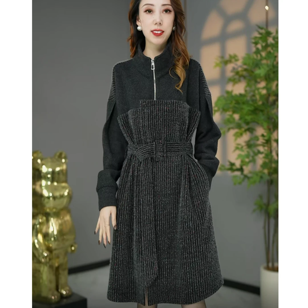 原创设计师款高货欧版极简风加厚保暖立领宽松遮肉连衣裙打底裙