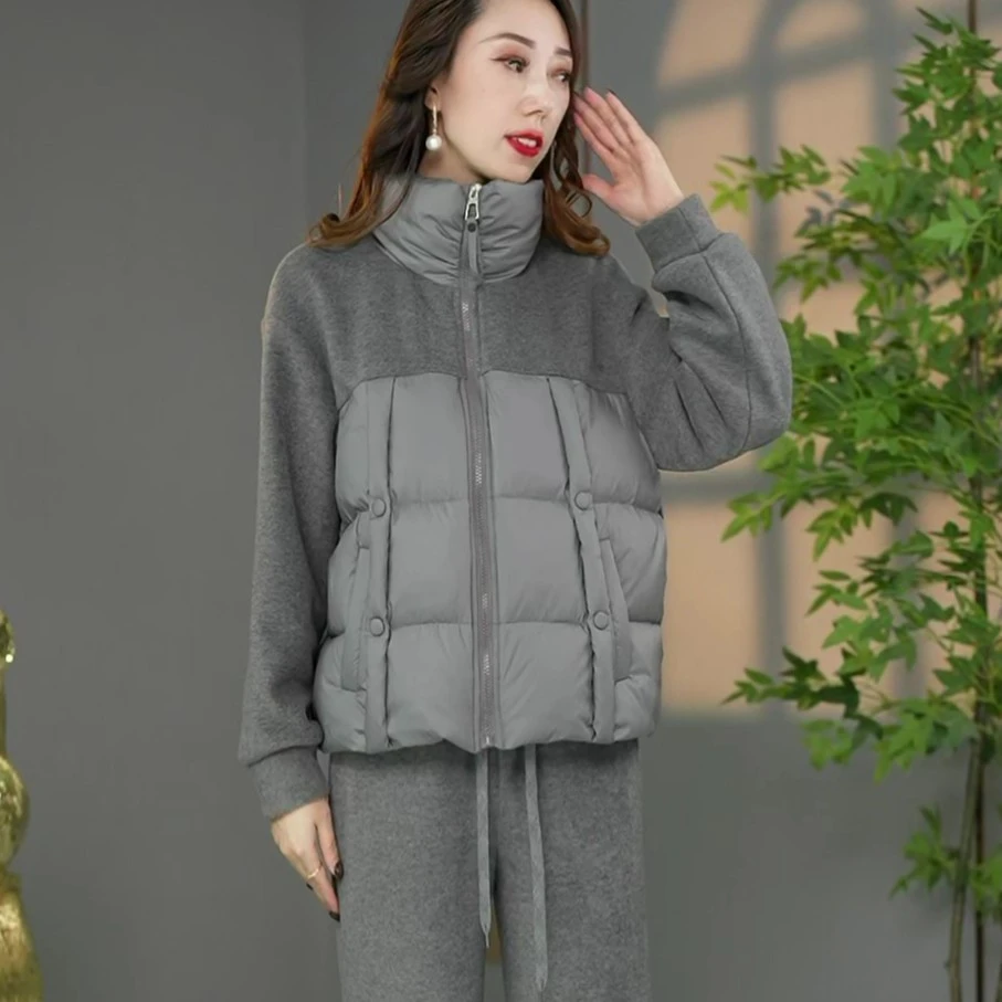 【两件套】设计师款加绒加厚腔调立领90白鸭绒羽绒服女两件套装套裤