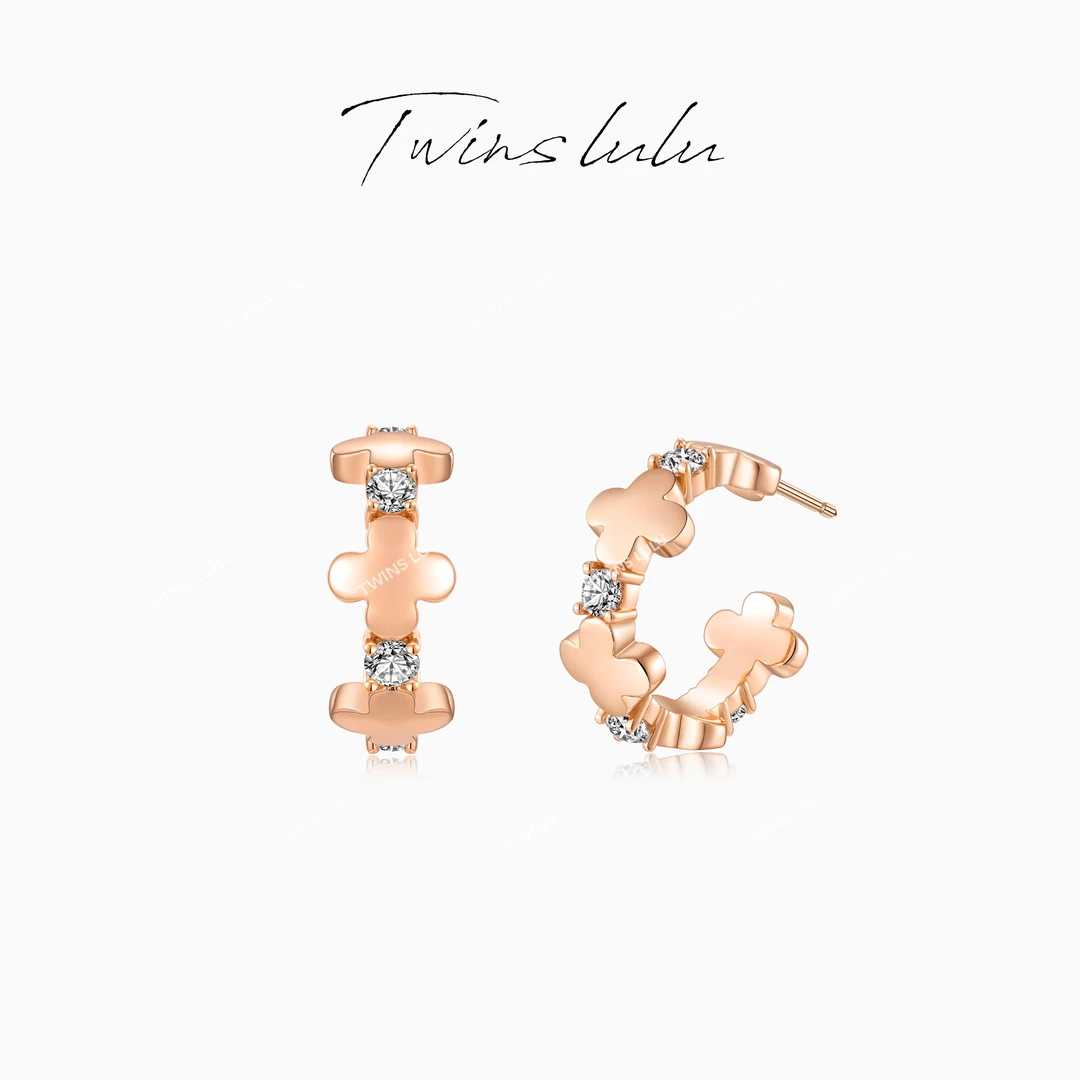 铜合金合成锆石耳饰 【春上新】简约经典四叶C形耳环TSL2411