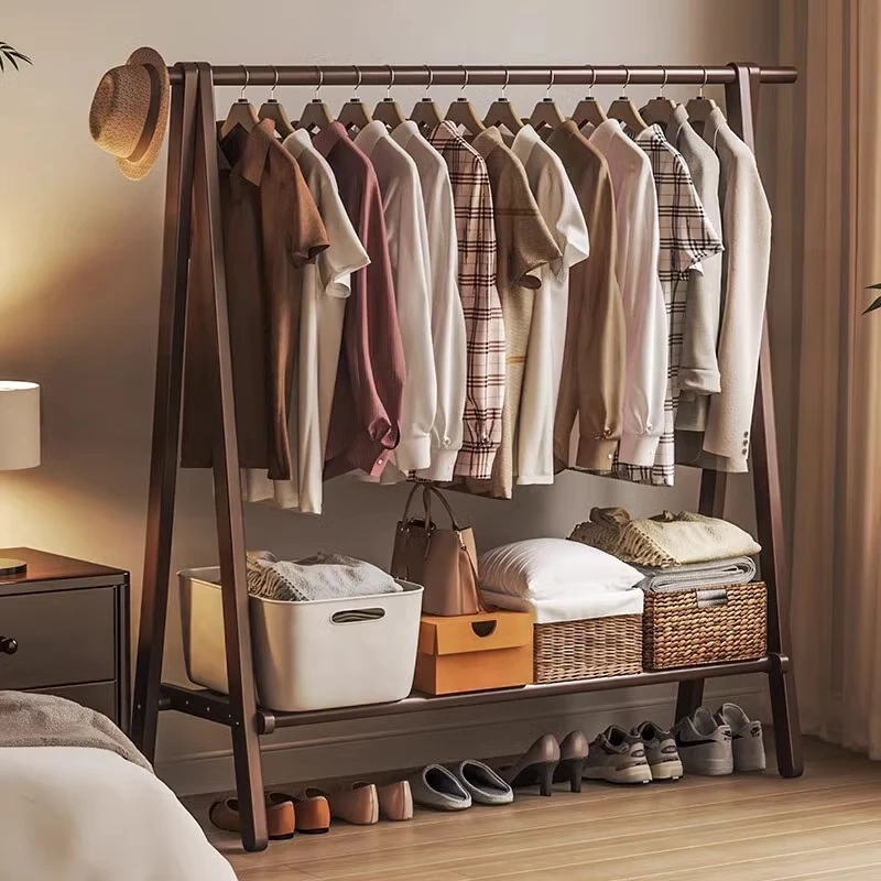 美拉德实木挂衣架卧室落地式挂衣服家用放脱下的衣服黑胡桃衣帽架