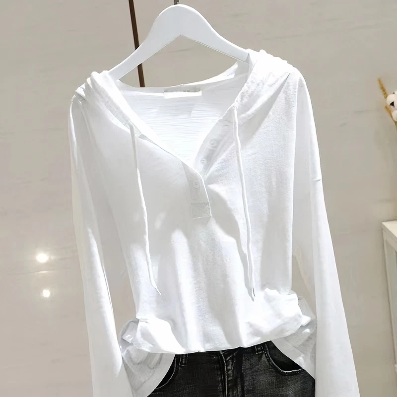 白色连帽长袖T恤女春秋时尚新款宽松显瘦竹节棉t恤女2025新款爆款