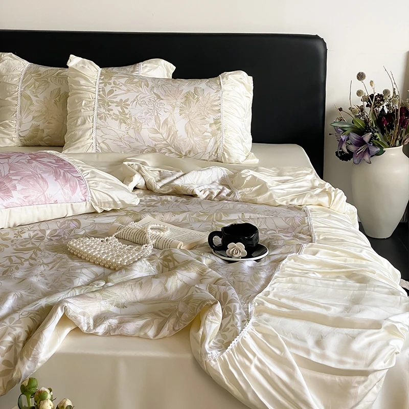 小圆家【玛丽绿】法式公主风兰精天丝夏被四件套丝滑裸睡空调被薄被