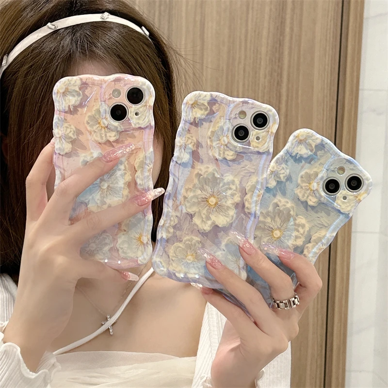 iphone14/13/12手机壳ins风蓝光油画花朵全包防摔复古高级技派女