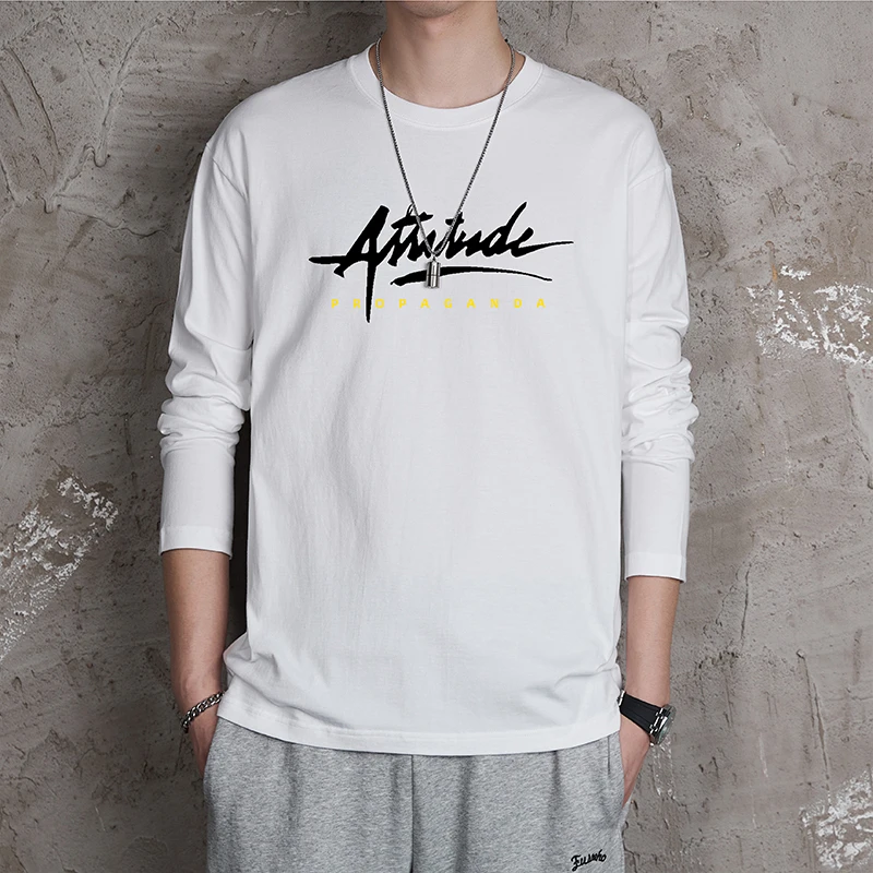 270g重磅纯棉长袖t恤男秋季厚实全棉圆领衣服字母印花体恤打底衫