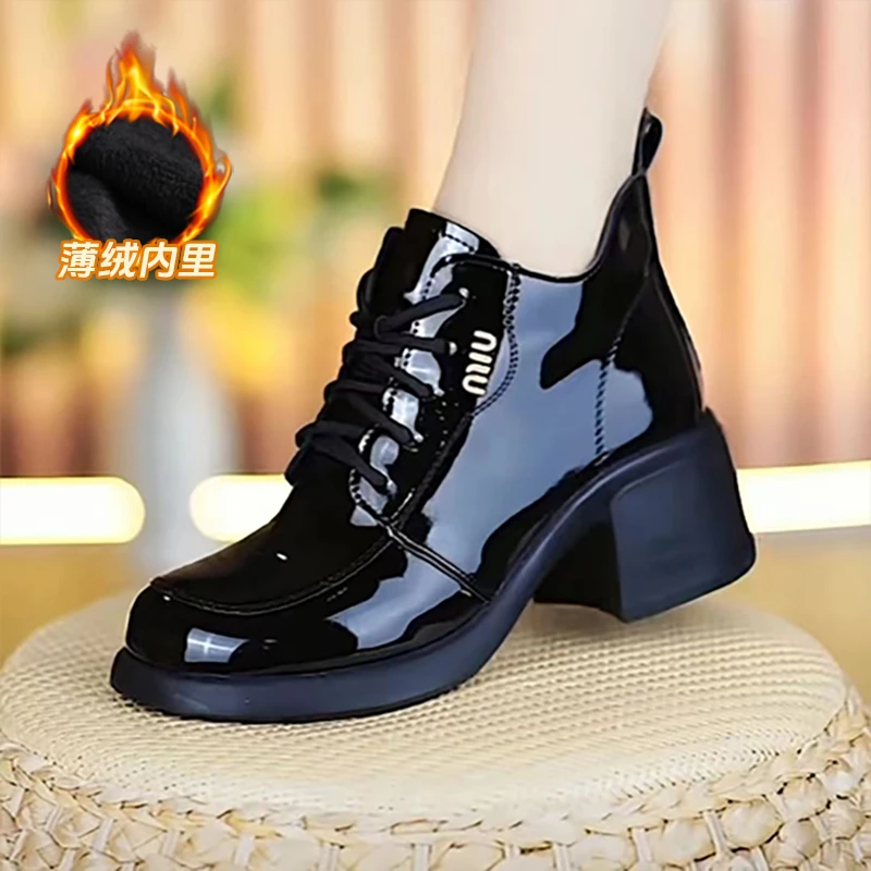 【增高5公分】软底漆皮马丁靴女士春秋款软皮短靴圆头单靴粗跟女靴