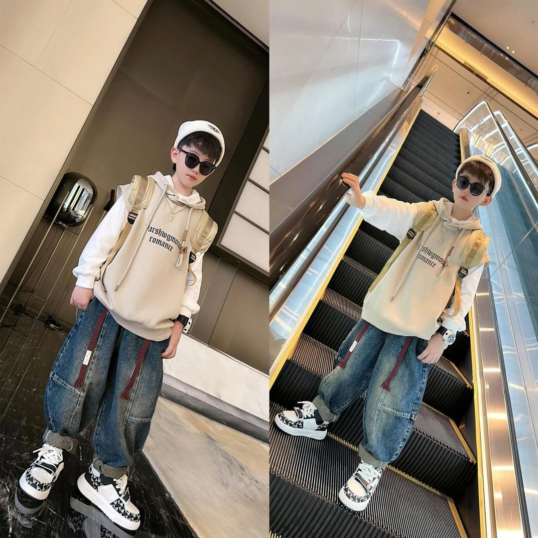 男童套装2024新春秋款卫衣男孩秋季帅气马甲中大童连帽卫衣三件套