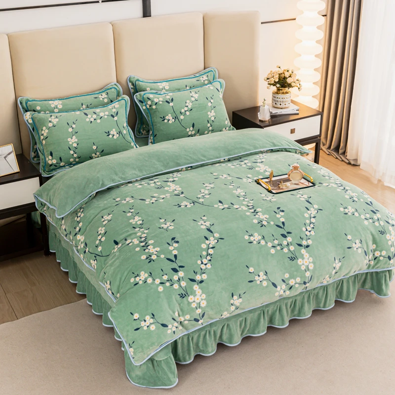 冬季加绒加厚牛奶绒4件套双面绒小清新床上用品床裙款绒被罩被套