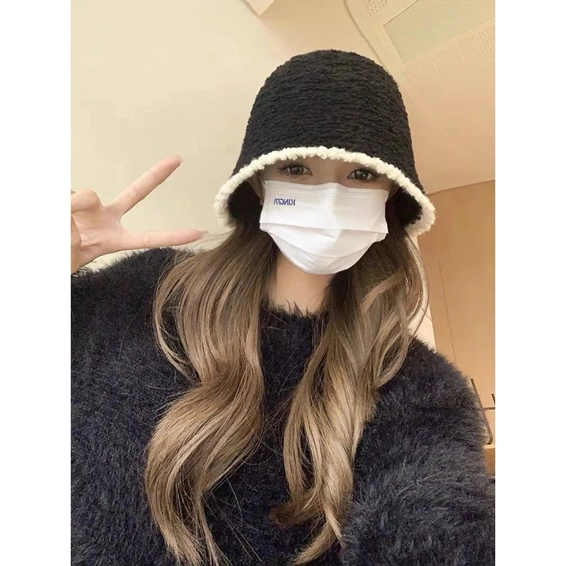 帽子女冬季2023新款黑色针织毛绒水桶帽秋冬保暖百搭显脸小渔夫