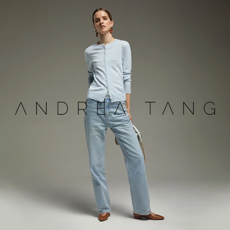 Andrea Tang|牛仔裤 OLLIE|设计感破洞浅蓝高腰窄版直筒牛仔裤