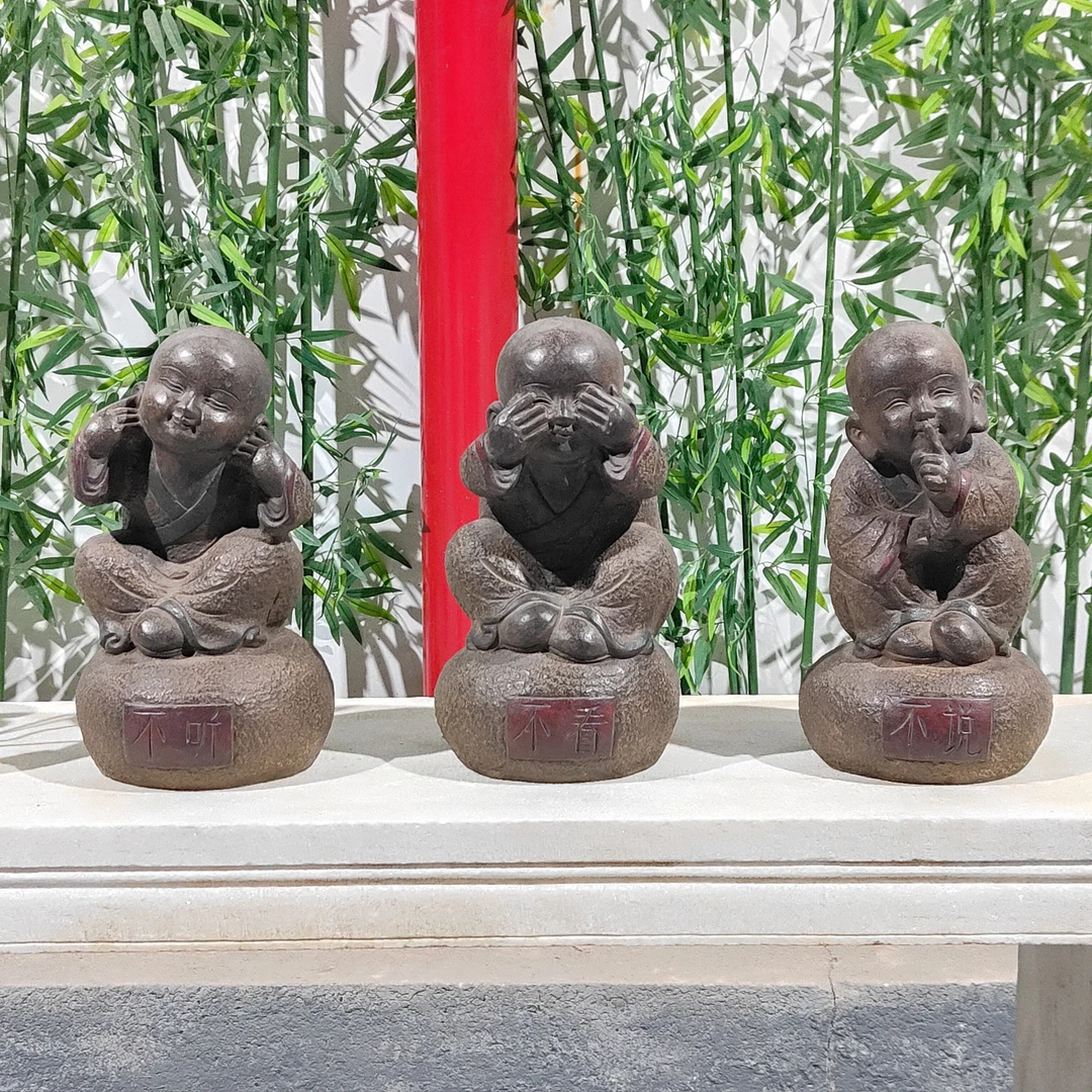石雕小沙弥摆件不听不看不说禅意空间小和尚材质青石复古彩绘包邮