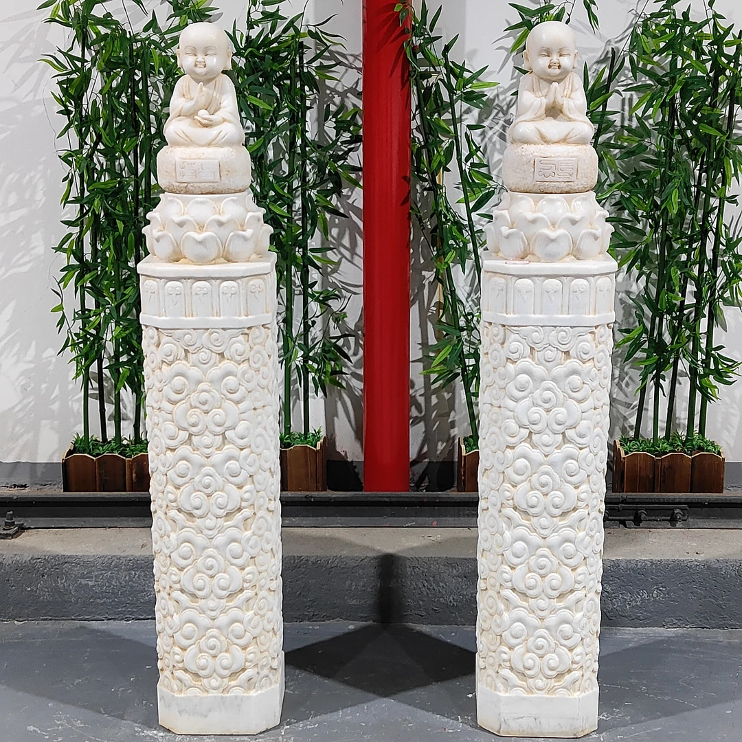 （聚达精选）石雕小沙弥祥云石柱，材质汉白玉，包邮不含卸货和摆放