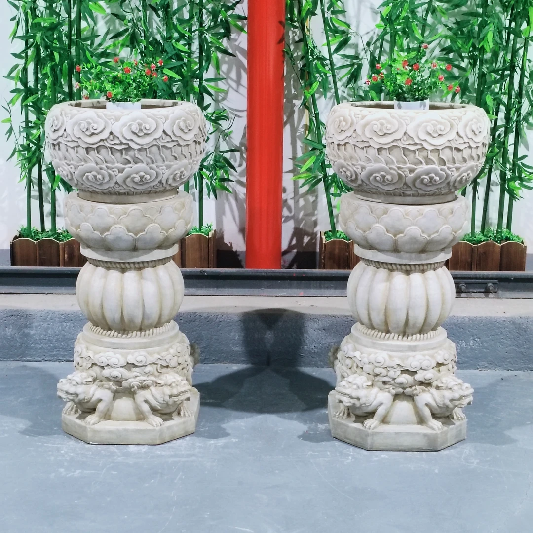 （聚达精选）四世同堂花墩祥云石盆，汉白玉复古，包邮不含卸货和安装