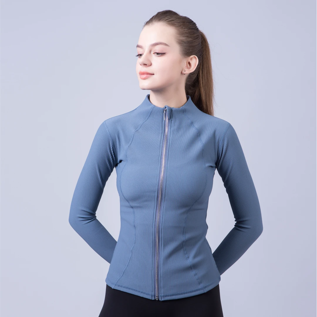 【螺纹瑜伽外套长款】lulu同款面料健身显瘦修身弹力长袖国货之光好