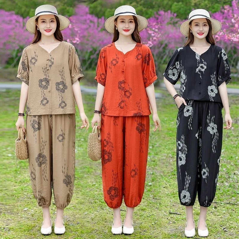 高档洋气夏季薄款时尚休闲套装妈妈装复古亚麻短袖大码两件套女