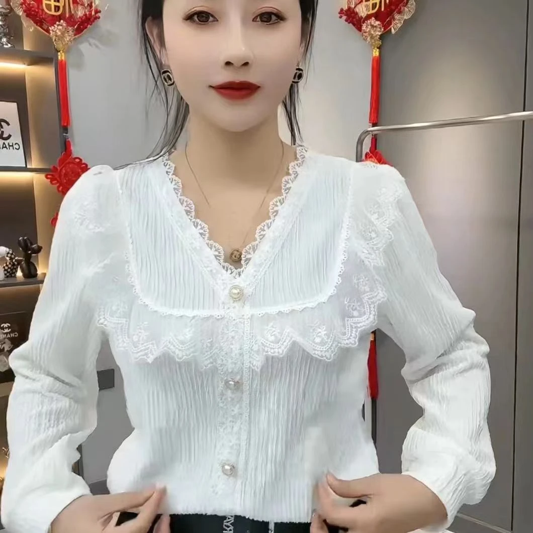 网红新款千丝皱衬衫时尚宽松气质显瘦长袖蕾丝衫荷叶边百搭洋气