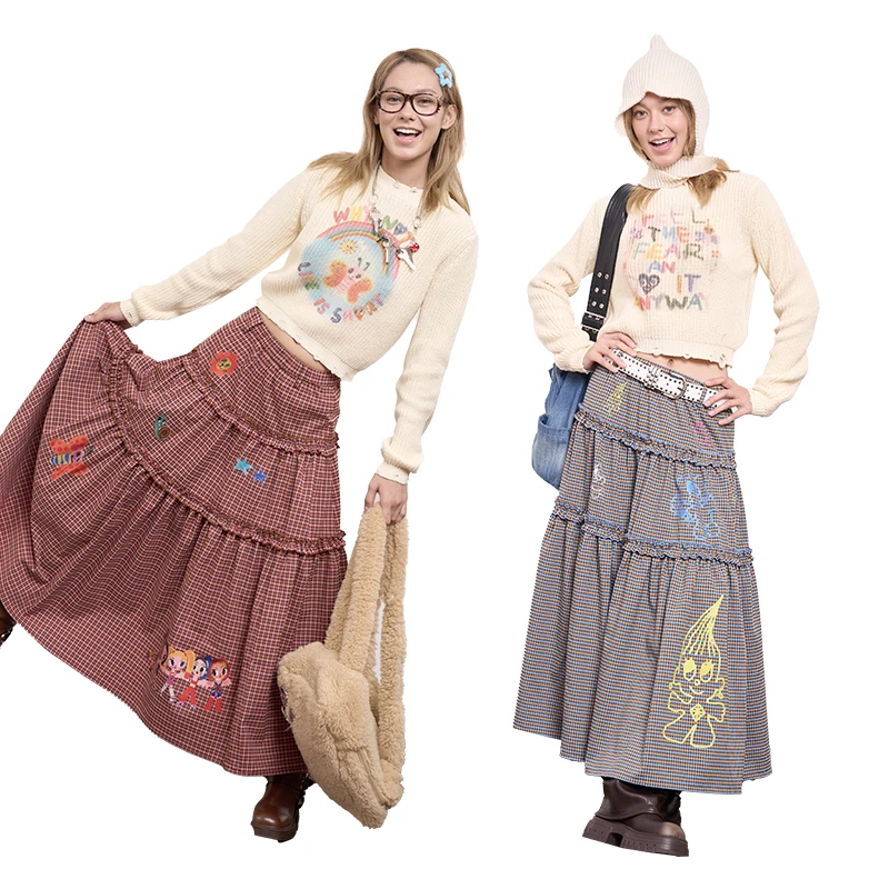 【奥体自播】ISC格子印花花边半身长裙