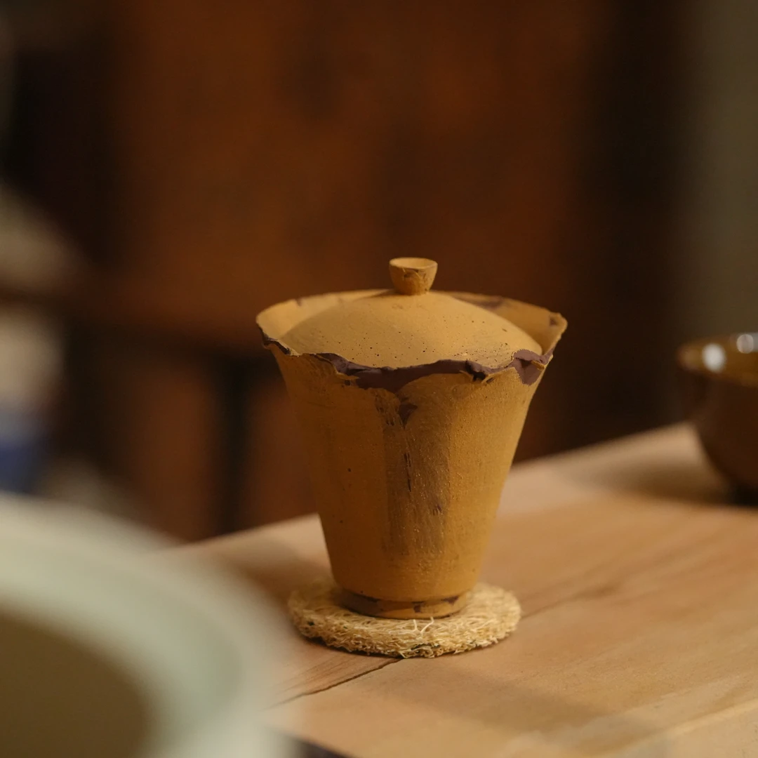 全手工化妆土哑光侘寂风手作两材陶瓷黄色盖碗小盖碗茶碗茶具