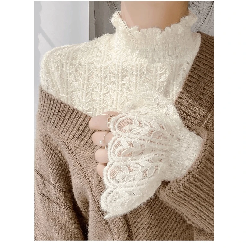 秋冬绒款蕾丝打底衫女网红气质半高领洋气叠穿内搭喇叭袖时尚小衫
