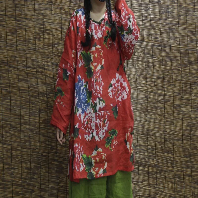 复古亚麻宽松印花民族风新中式亚麻斜襟复古中长款上衣