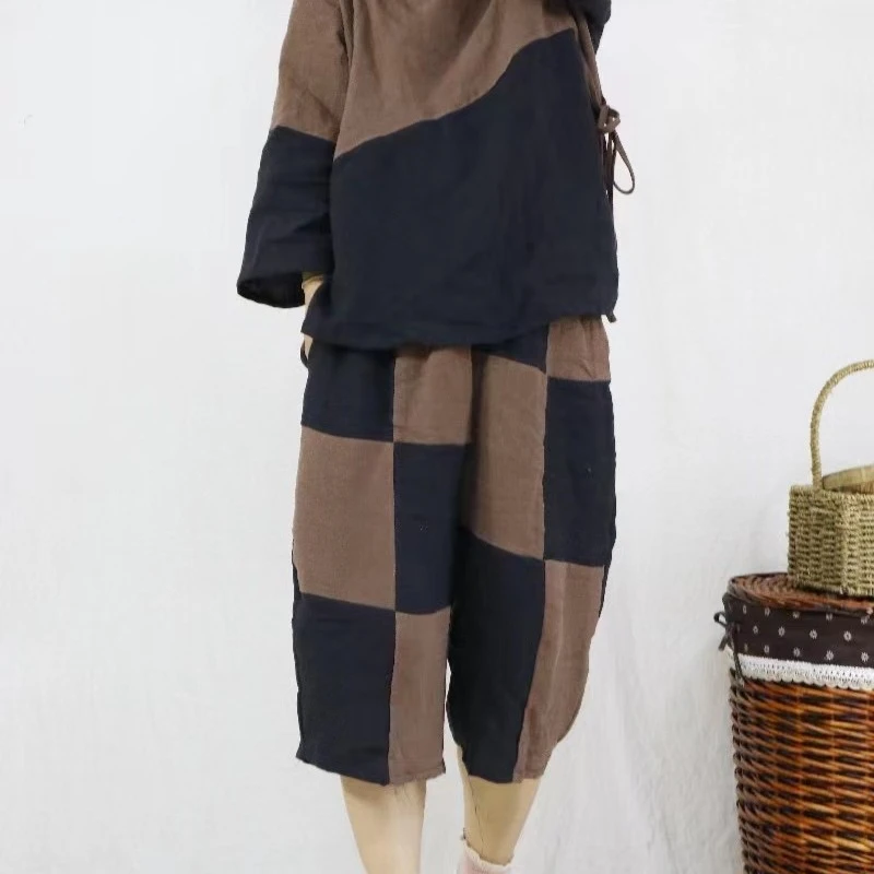 夏亚麻拼接五分裤撞色休闲短裤