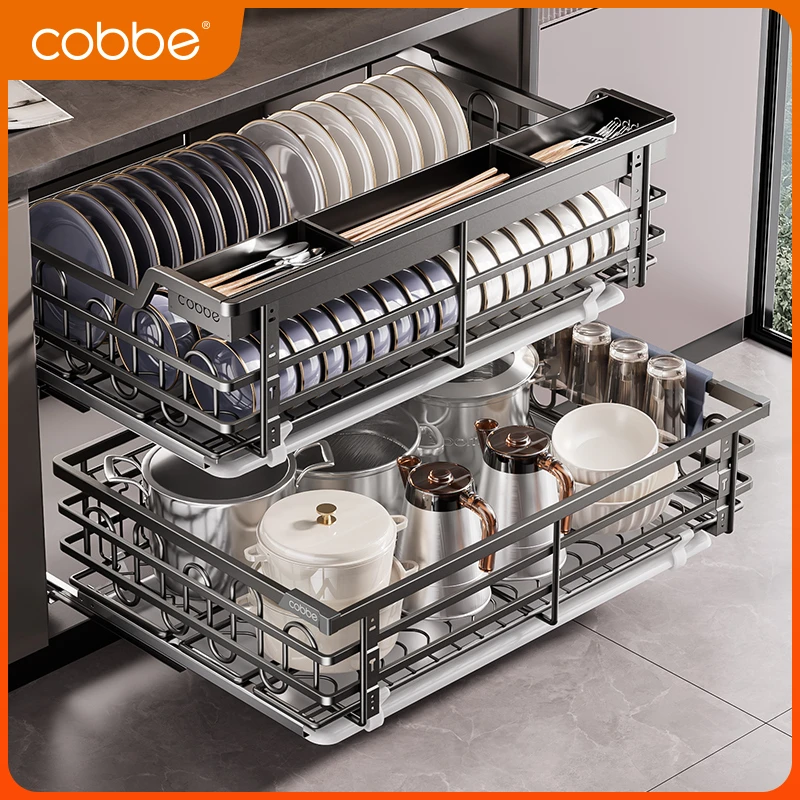 卡贝304不锈钢碗篮厨房双层收纳碗碟拉篮抽屉式橱柜置物架拉篮