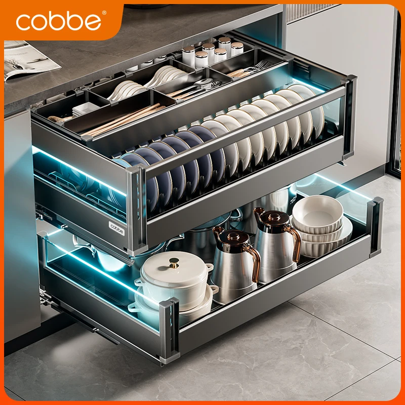 卡贝厨房全抽玻璃氛围灯拉篮橱柜抽屉铝合金抽拉拉篮液压阻尼拉篮