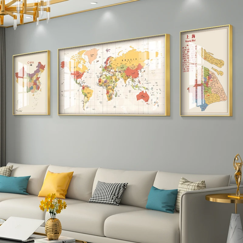 中英文中国世界地图挂画办公室客厅沙发背景墙晶瓷装饰画三联壁画