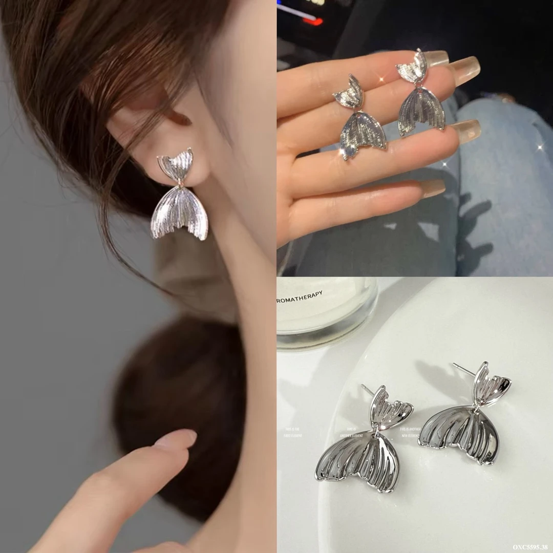铜合金耳饰 丽贝丽影s925银针气质时尚个性金属冷淡风鱼尾耳钉