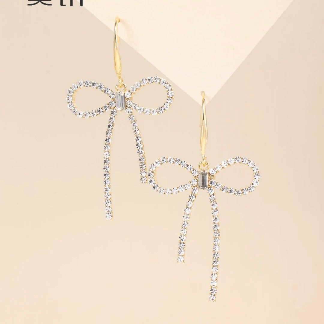 铜合金耳饰 美讯新品韩版高级设计感微镶满钻蝴蝶结耳钩